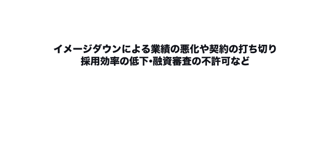 イメージダウンによる業績の悪化や契約の打ち切り採用効率の低下・融資審査の不許可など法人運営をして行く上で多大な悪影響が出てしまいます!