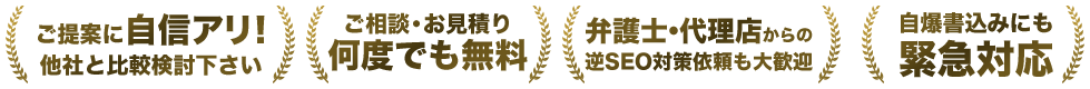 ご提案に自信アリ!他社と比較検討下さい ご相談・お見積り何度でも無料 弁護士・代理店からの逆SEO対策依頼も大歓迎 自爆書き込みにも緊急対応